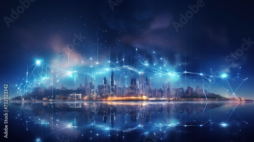 innovation smart city and abstract dot points connect with gradient lines and aesthetic Intricate wave line design, big data connection technology concept. photo