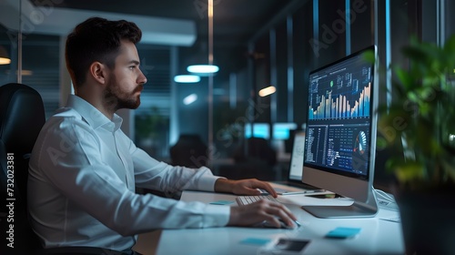 Focused professional working late in a modern office. man analyzing data on computer. concentration and dedication at work. AI