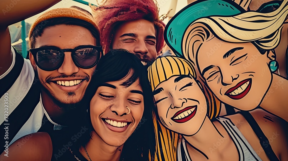 Fototapeta premium A diverse group of individuals standing shoulder to shoulder in a straight line, facing the camera. 