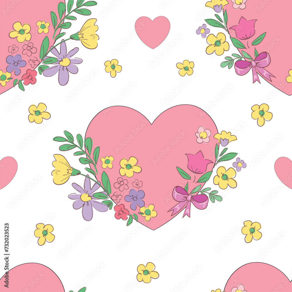 Hand Drawn Cute Heart Flowers Trend Background seamless pattern vector illustration, Design for fashion, fabric, textile.