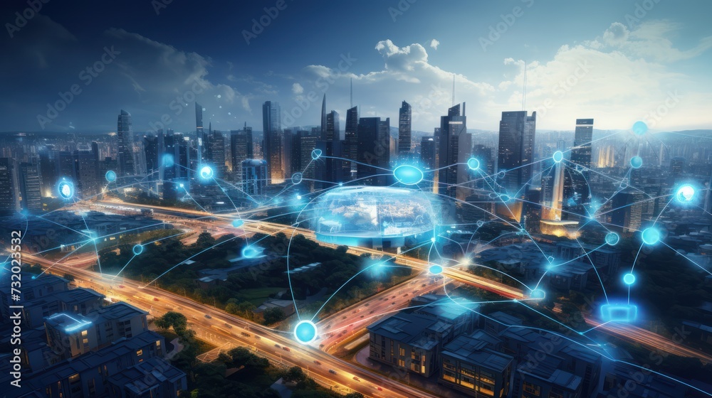 Innovation modern city with wireless network connection concept, abstract communication technology concept.