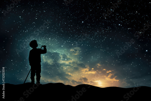 Silhouette of Young boy looking up at Milky Way sky. Enigmatic stargazer beneath the cosmic canopy, lost in celestial contemplation.