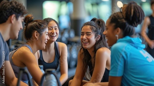 A group of friends laughing and taking a break in a gym lounge area, emphasizing the social aspect and community found within fitness environments.