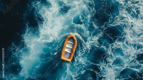A lone orange lifeboat adrift in the vast blue ocean. striking contrast and a sense of isolation captured from above. evocative and serene. AI photo