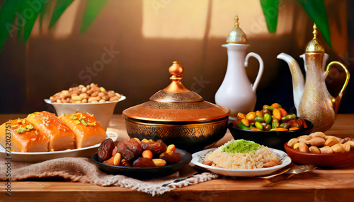 Table of Abundance: Tempting Ramadan Iftar Spread Awaits the Evening Feast, Generative ai photo
