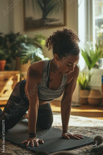 A woman limbers up her muscles before a gym workout and weightlifting session in her living room. She’s a fitness athlete preparing for exercise photo