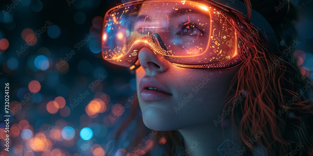 girl wearing virtual reality glasses with a VR head unit shrouded in digital data and neural networks. Bokeh and digital space background. Concept: symbol of immersion in the technological world girl wearing virtual reality glasses with a VR head unit shrouded in digital data and neural networks. Bokeh and digital space background. Concept: symbol of immersion in the technological world