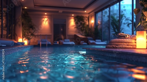 A luxurious spa-like gym with a swimming pool, highlighting the leisure and relaxation aspect of fitness, with soft lighting and a calm, inviting atmosphere. © Fokasu Art