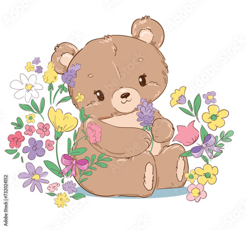 Hand drawn Cute Teddy Bear and flowers Kids print vector illustration