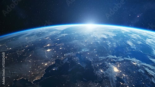 Stunning view of earth from space, glowing horizon and stars. perfect for wallpapers and backgrounds. digital art illustration. AI