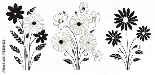 Hand drawn black silhouettes of flowers on a white background.