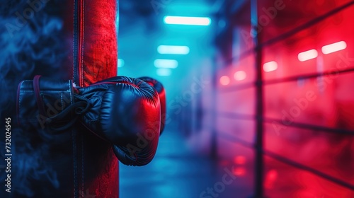 A pair of weighted gloves on a punching bag, showcasing the equipment ready for an intense boxing workout, with the gym's ambient lighting creating a focused atmosphere. © Fokasu Art