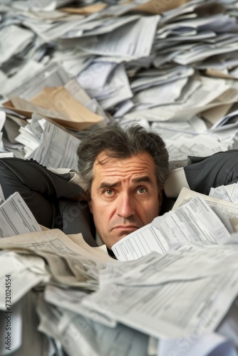 A despondent man buried under a pile of tax paperwork photo