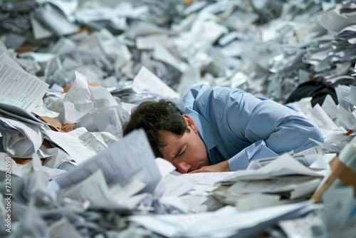 A despondent man buried under a pile of tax paperwork photo