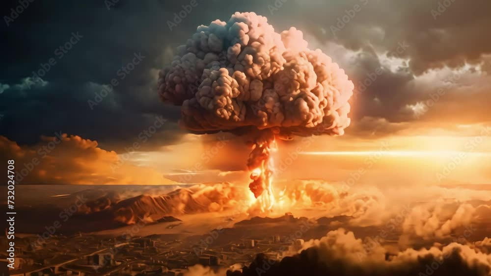 nuclear huge explosion in the city, aerial view. slow motion. Generative AI