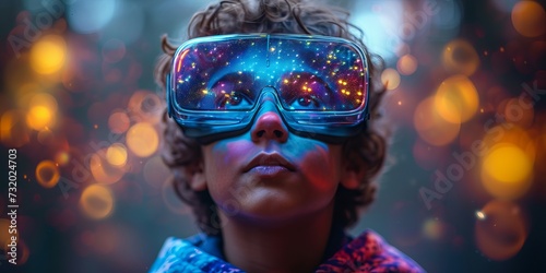 Child wearing virtual reality glasses with holograms and bokeh. Concept: future technologies, learning and play with imagination, exploration of infinite space. Banner with copy space