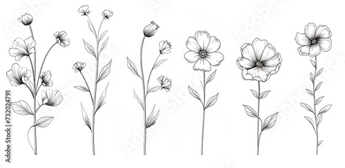 doodle summer meadow plants and insects in a line art style.
