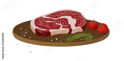 Fresh Raw Steak With Spices On Wooden Plate Vector Illustration.