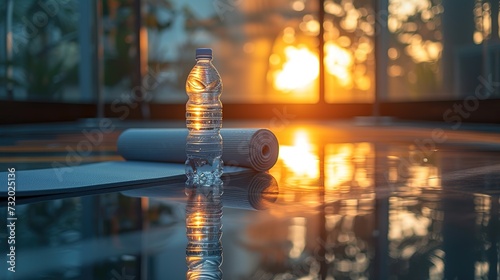 A reflective gym floor with a single yoga mat and a water bottle, capturing the tranquility and focus required for a mindful yoga practice.