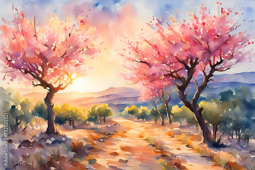 Watercolor painting of the blooming almond trees on Mallorca, Spain at twilight photo