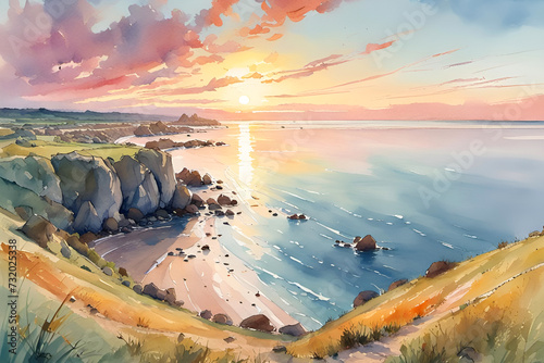 Watercolor painting of the coast of Brittany, France at twilight