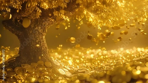 a golden money tree laden with coins. A symbol of profit and wealth. Generative AI photo
