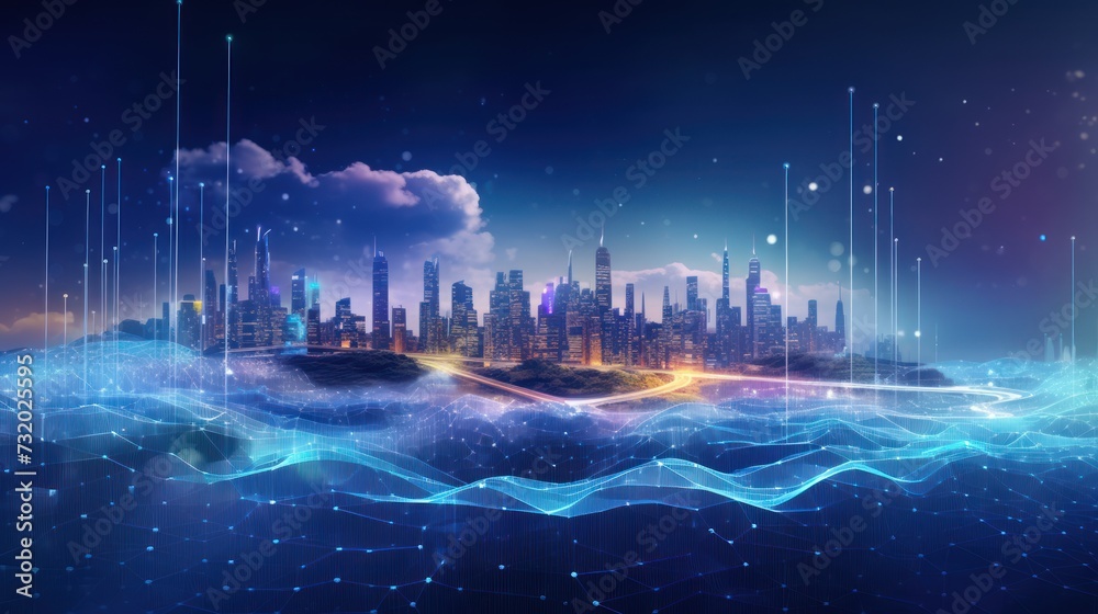 innovation city and abstract dot points connect with gradient lines and aesthetic Intricate wave line design, big data connection technology concept.