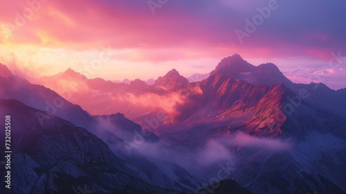 Sunset over mountain range, creating graduating toes of mountain tops and rigs