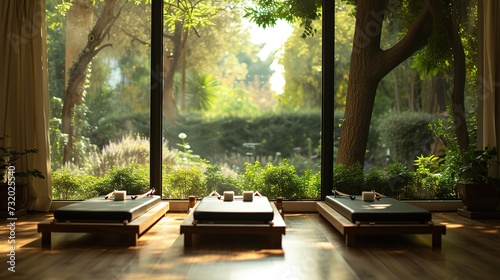 A serene pilates studio with reformers set against large windows overlooking a garden, blending the calm of nature with the focus of exercise.