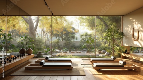 A serene pilates studio with reformers set against large windows overlooking a garden, blending the calm of nature with the focus of exercise. photo