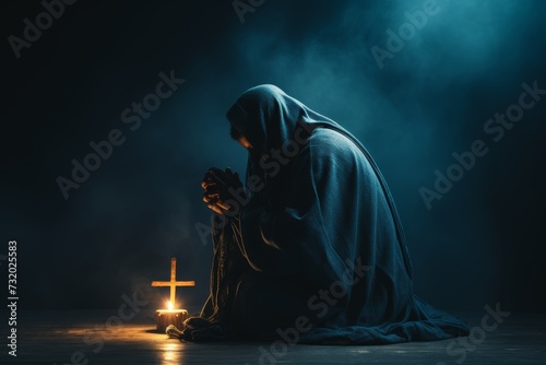 A profoundly devoted christian man engaged in prayer at the sacred cross, seeking divine guidance