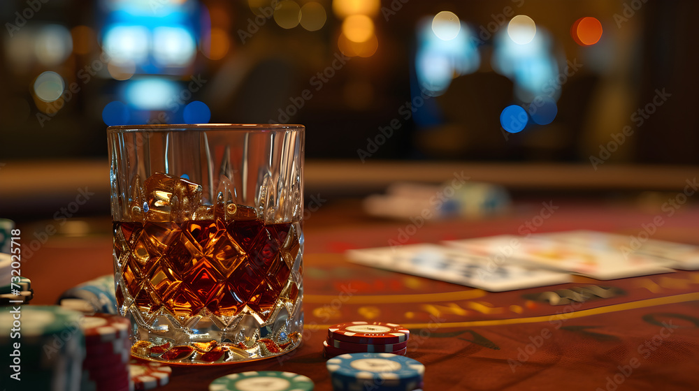Cinematic wide angle photograph of a whisky glass on a poker table. Product photography. Advertising. Cinematic wide angle photograph of a whisky glass on a poker table. Product photography. Advertising.