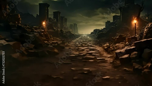 a cobblestone path wiped out by an earthquake in an ancient city. Generative AI photo