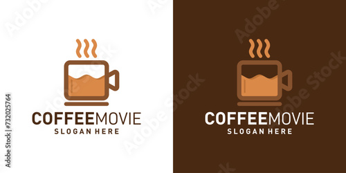 Coffee cup logo design template with cinema film videos graphic design vector. Symbol, icon, creative.