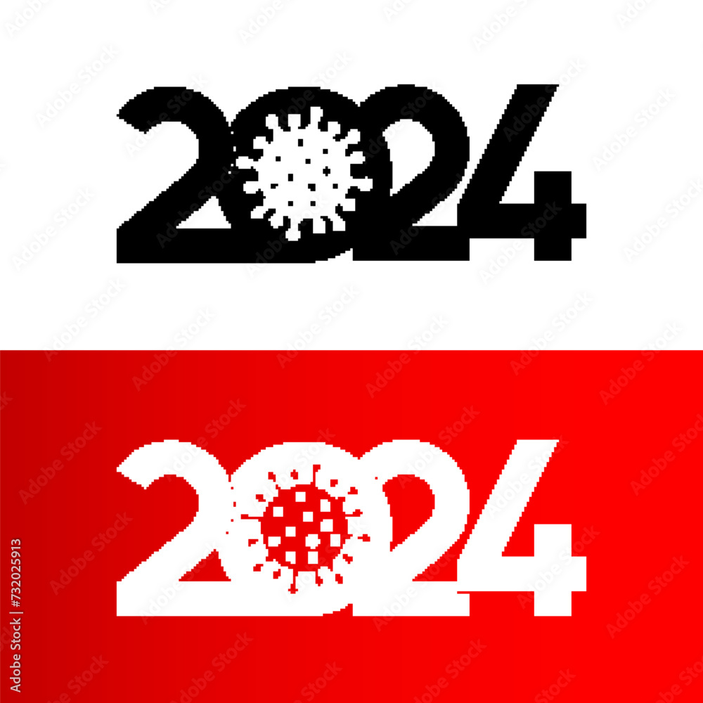 New Year 2024. Red and White Print with Zero Symbol as COVID19 Virus