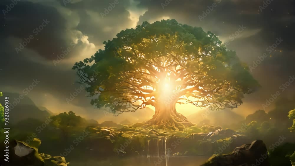 the mighty tree of life at sunset. Generative AI