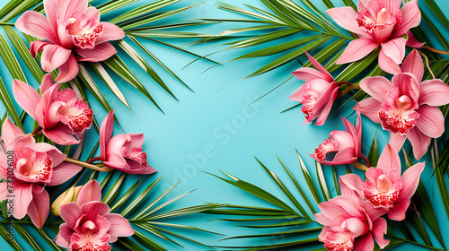 Exotic Floral Top View, A Bright and Colorful Arrangement of Tropical Flowers on a Pastel Background