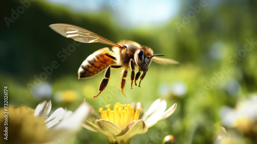 Flying honeybee looking for nectar with blurred garden in the background