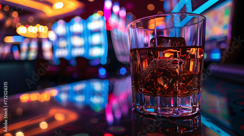 Cinematic wide angle photograph of a whisky glass in a casino slot machines. Product photography. Advertising.