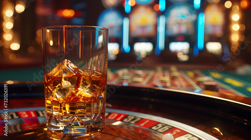 Cinematic wide angle photograph of a whisky glass in a casinos roulette table. Product photography. Advertising.