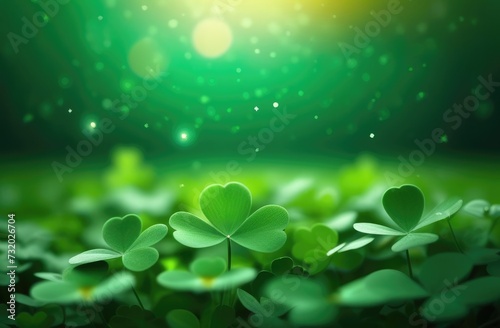 St. Patrick's Day, abstract green background, bokeh effect, background with clover leaves, golden glow, place for text, Irish shamrock