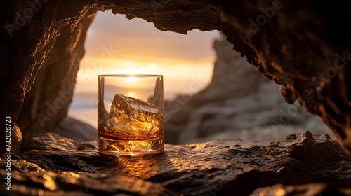 Cinematic wide angle photograph of a whisky glass inside a rock cave. Product photography. Advertising.