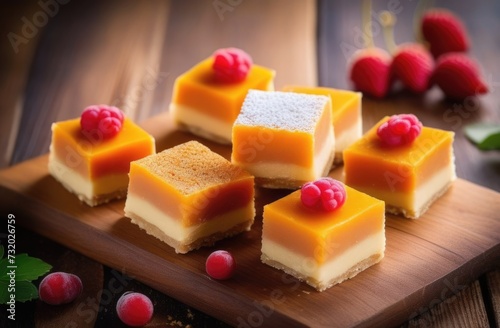 Holi, a celebration of spring and bright colors in India, national Indian dessert, traditional Indian cuisine,homemade sweets, burfi candies decorated with berries