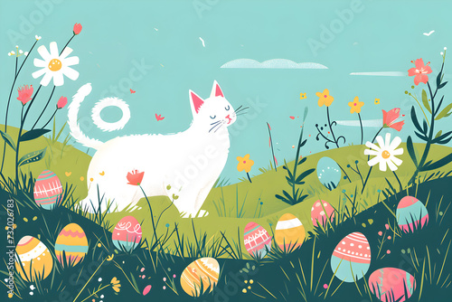 White cat with Easter eggs among flowers  a beautiful natural landscape