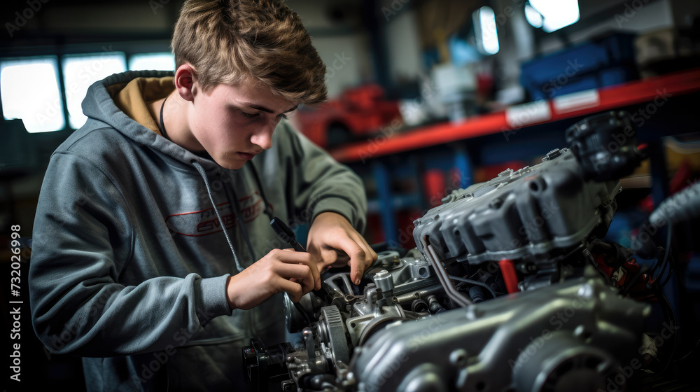 © David - Young car mechanic apprentice. Dark garage, fixing engine, Youth employment