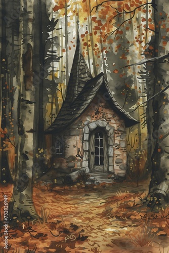small cabin woods tree background wizards laboratory storybook design eerie grim opening door nobody living autumn outside school magic enclosed forgotten © Cary