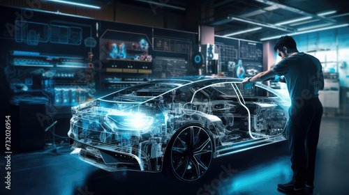 Young mechanic learns AI integration in futuristic workshop, blending digital graphics with traditional tools for automotive innovation. Future-forward training environment.