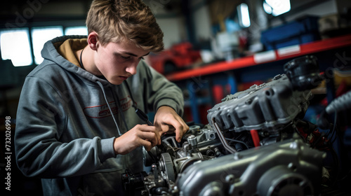 Young car mechanic apprentice. Dark garage, fixing engine, Youth employment