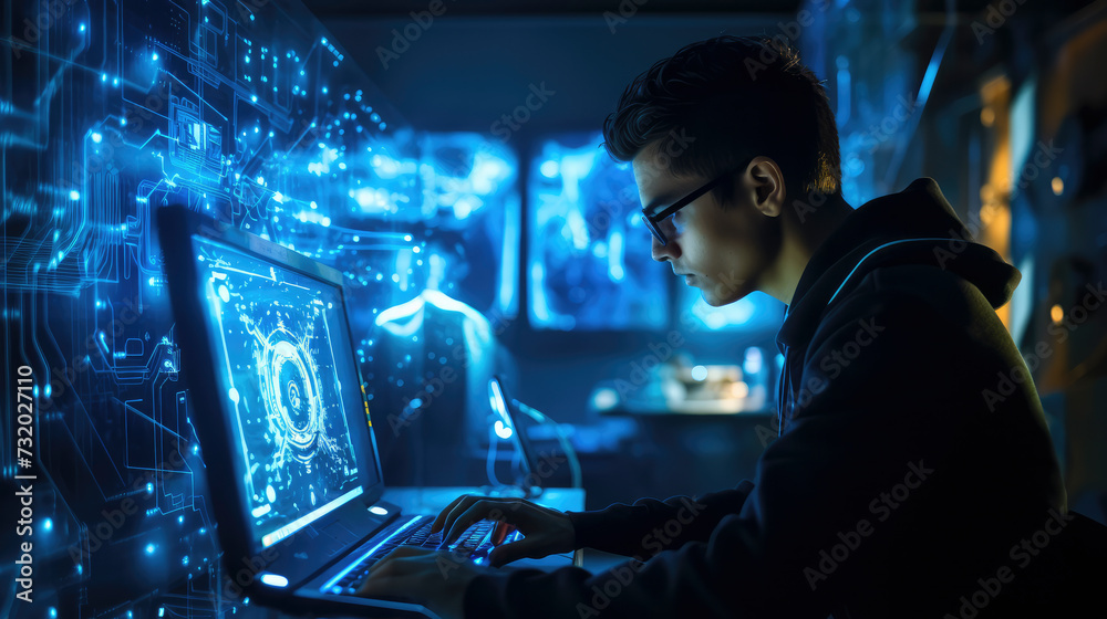 Teenager learning to right programs in hi-tech environment, with AI glowing graphic overlays Teenager learning to right programs in hi-tech environment, with AI glowing graphic overlays