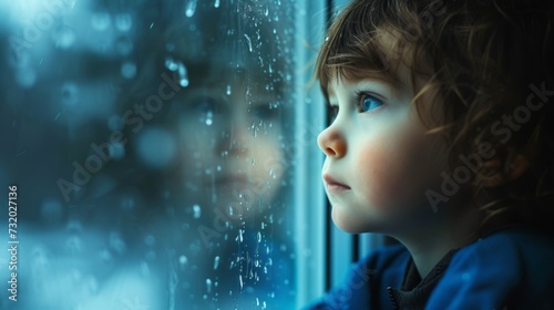 Close-up portrait of a contemplative child gazing through a rain-streaked window. The concept conveys the emotional depth of children in orphanages, evoking a deep sense of loneliness. photo
